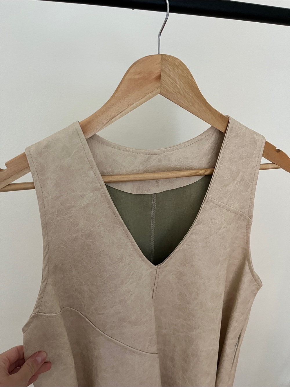 Faux Leather Sleeveless V-Neck A-Line Dress in Light Beige - Italian Brand - Picture 2 of 6